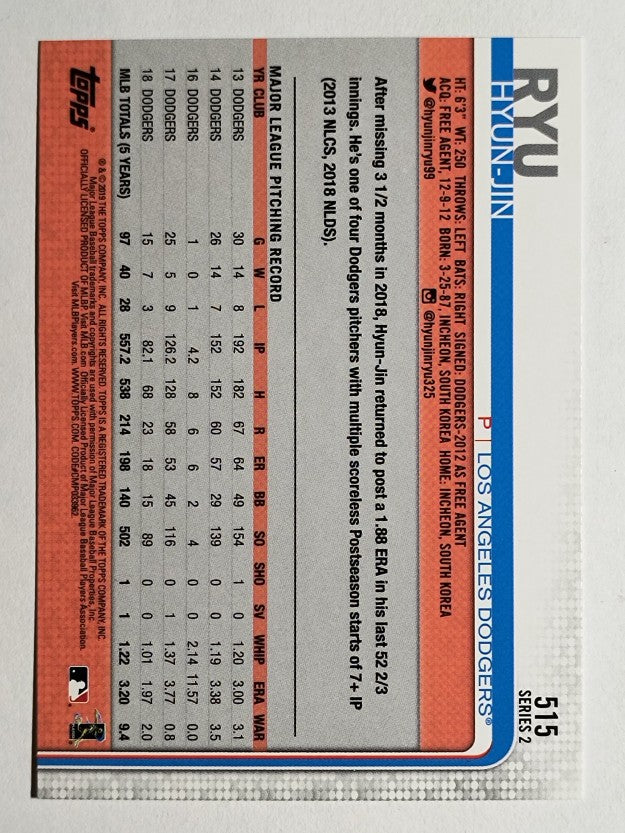 2019 Topps #515 Hyun-Jin Ryu