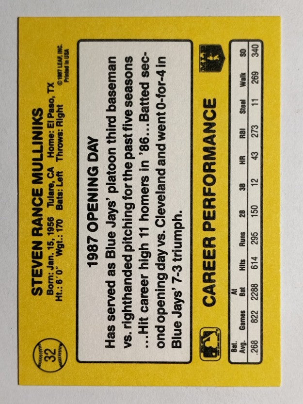 1987 Donruss Opening Day #32 Rance Mulliniks