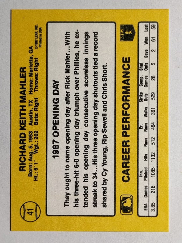 1987 Donruss Opening Day #41 Rick Mahler