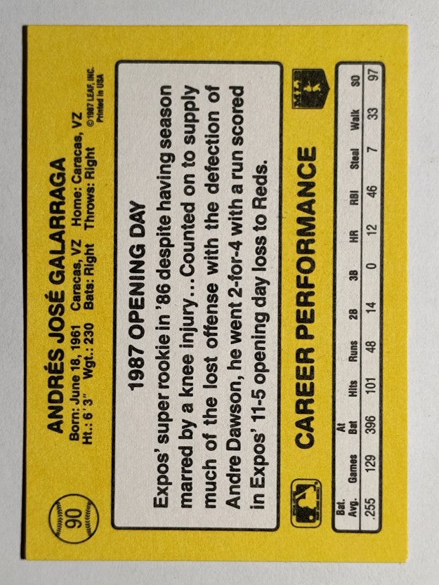 1987 Donruss Opening Day #90 Andres Galarraga