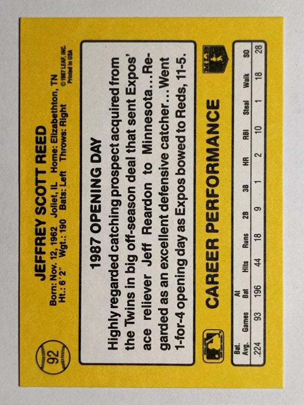 1987 Donruss Opening Day #92 Jeff Reed