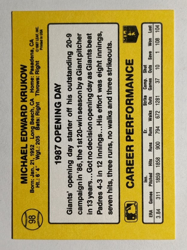 1987 Donruss Opening Day #98 Mike Krukow