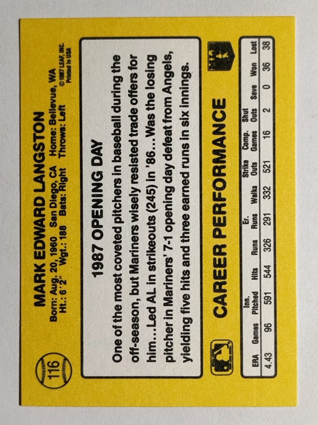 1987 Donruss Opening Day #116 Mark Langston