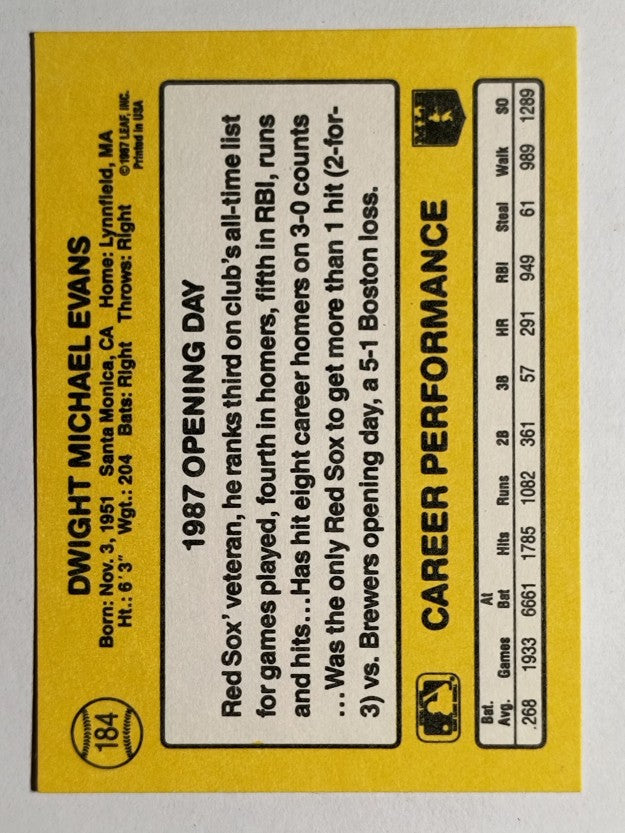 1987 Donruss Opening Day #184 Dwight Evans
