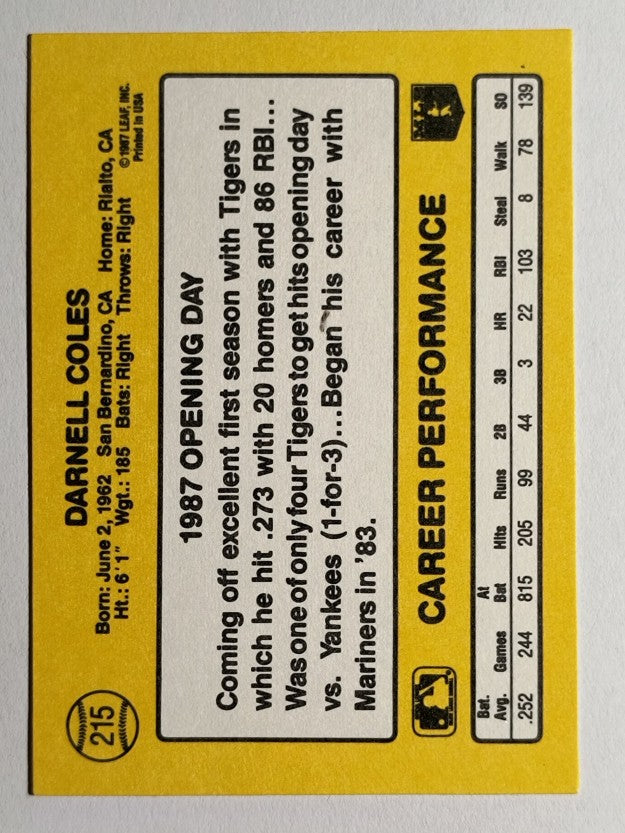 1987 Donruss Opening Day #215 Darnell Coles