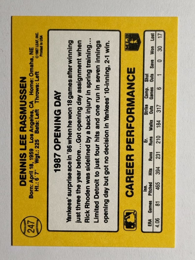 1987 Donruss Opening Day #247 Dennis Rasmussen