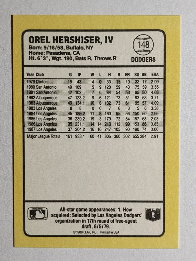 1988 Donruss Baseball's Best #148 Orel Hershiser