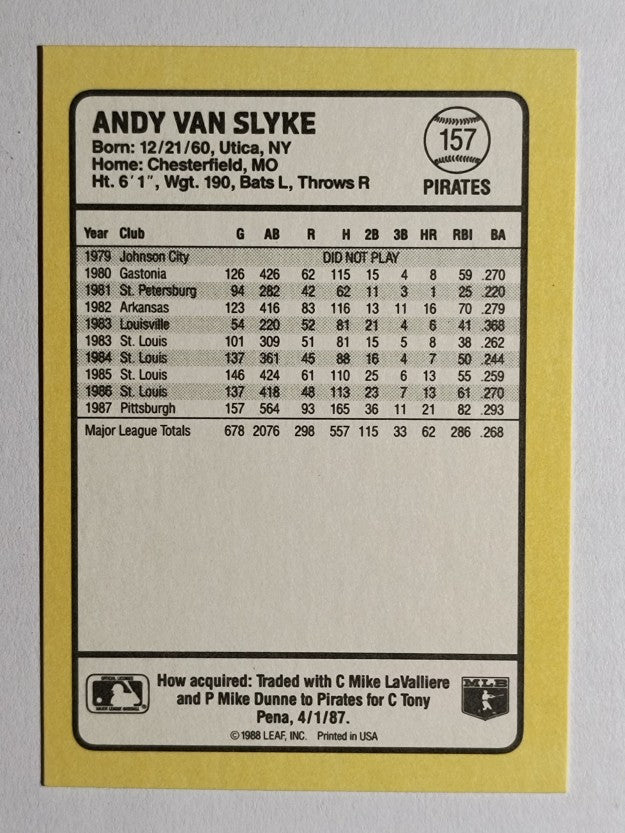 1988 Donruss Baseball's Best #157 Andy Van Slyke