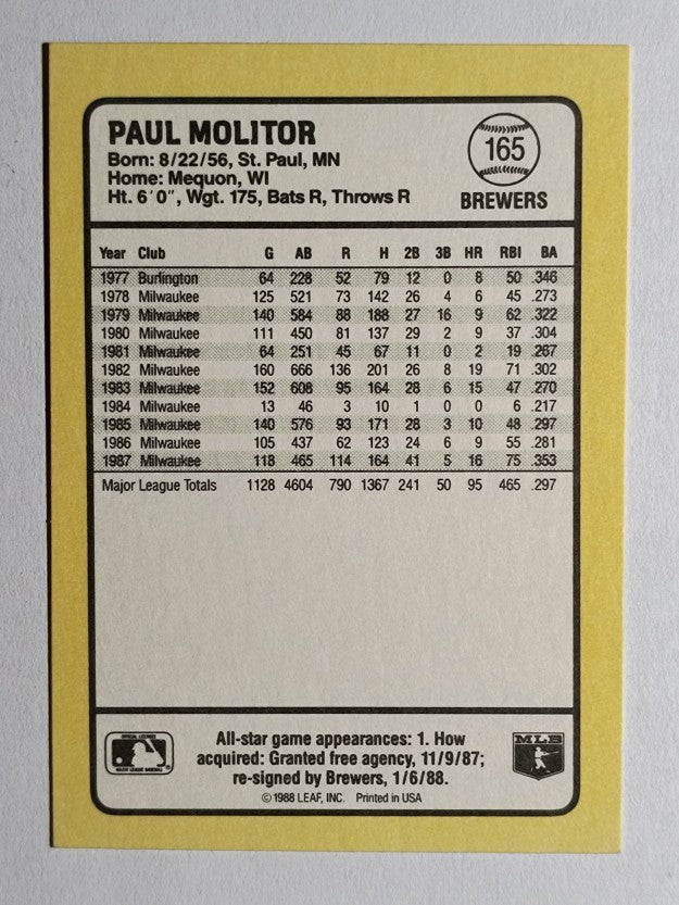 1988 Donruss Baseball's Best #165 Paul Molitor