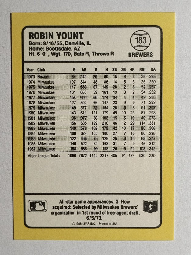 1988 Donruss Baseball's Best #183 Robin Yount