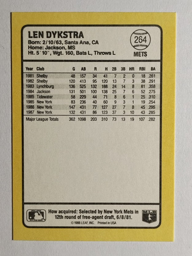 1988 Donruss Baseball's Best #264 Len Dykstra