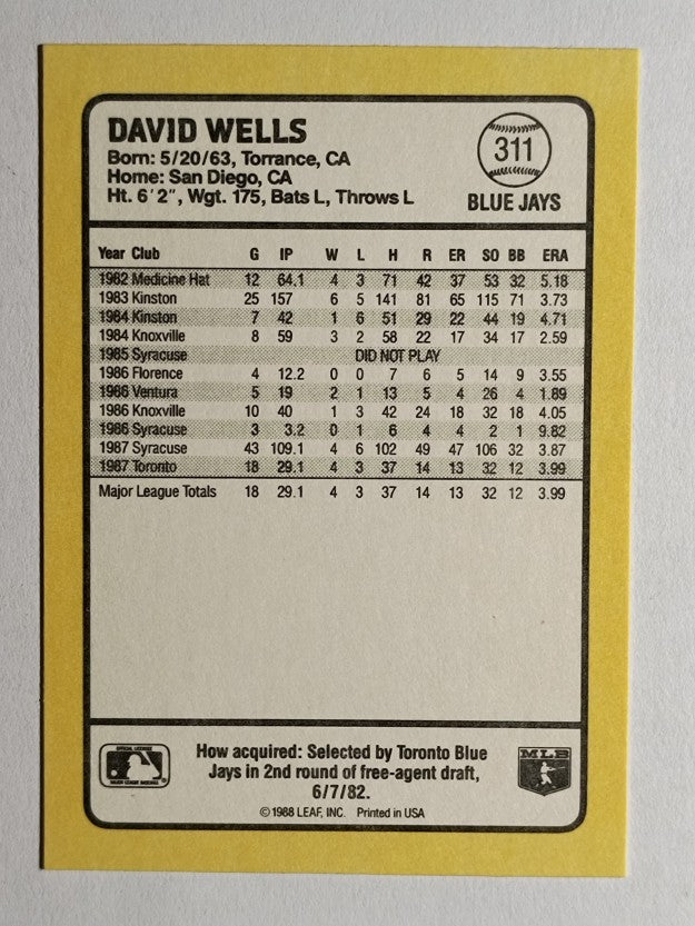 1988 Donruss Baseball's Best #311 David Wells