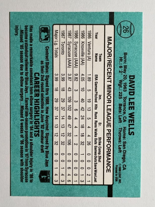 1988 Donruss Rookies #26 David Wells