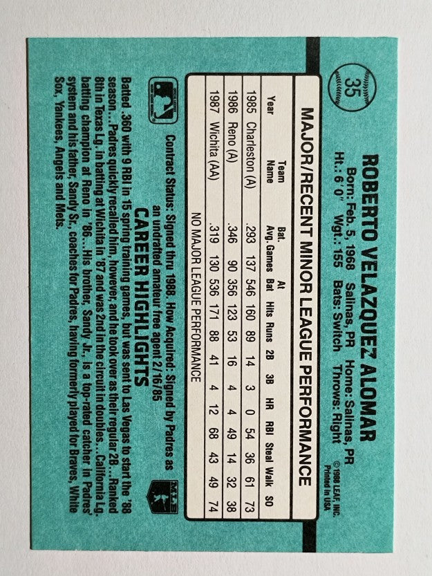 1988 Donruss Rookies #35 Roberto Alomar