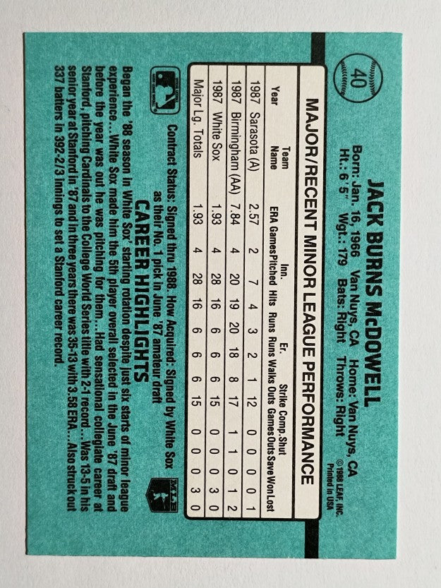 1988 Donruss Rookies #40 Jack McDowell