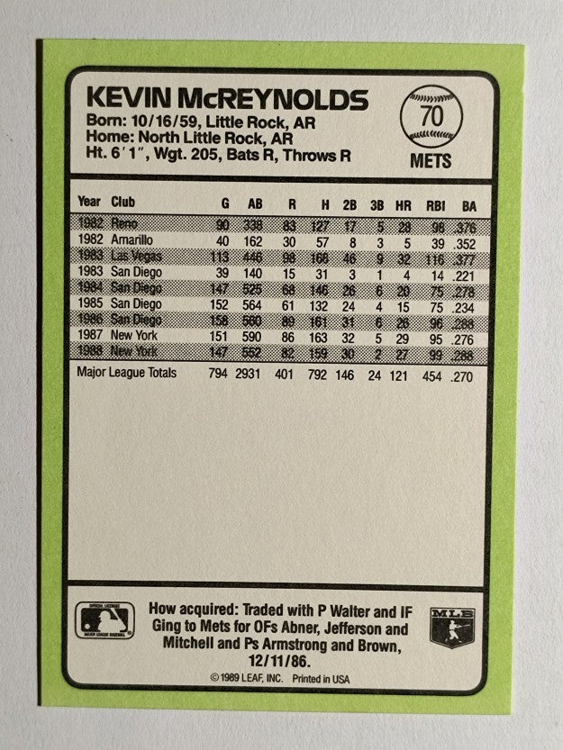 1989 Donruss Baseball's Best #70 Kevin McReynolds
