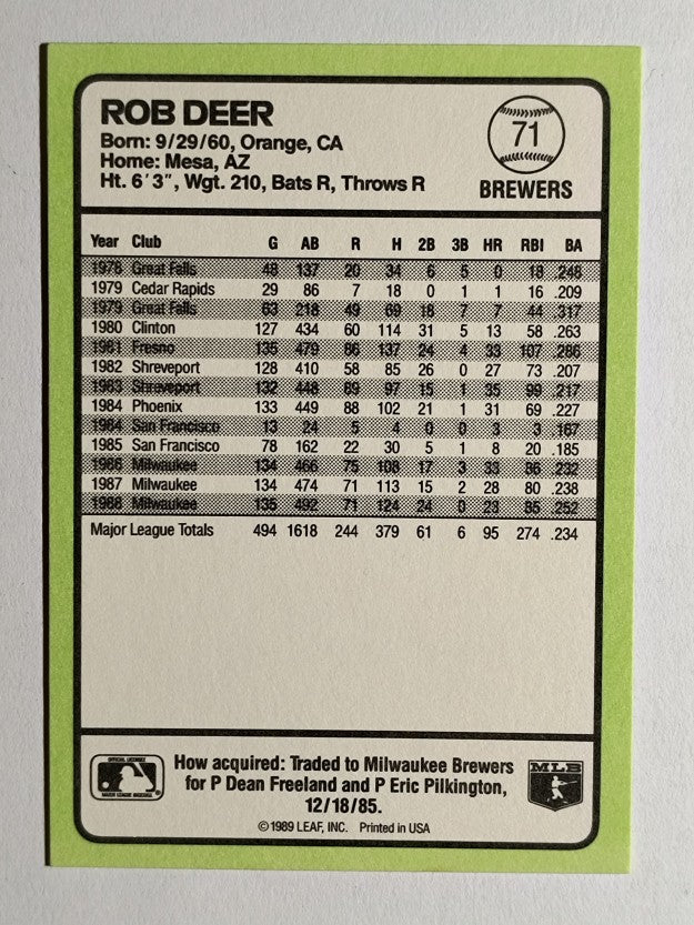 1989 Donruss Baseball's Best #71 Rob Deer