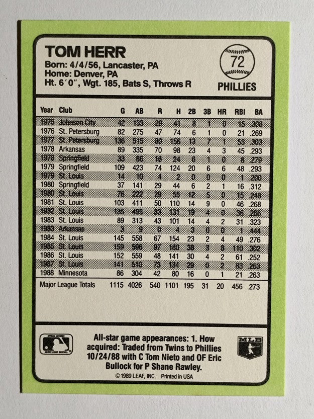 1989 Donruss Baseball's Best #72 Tommy Herr