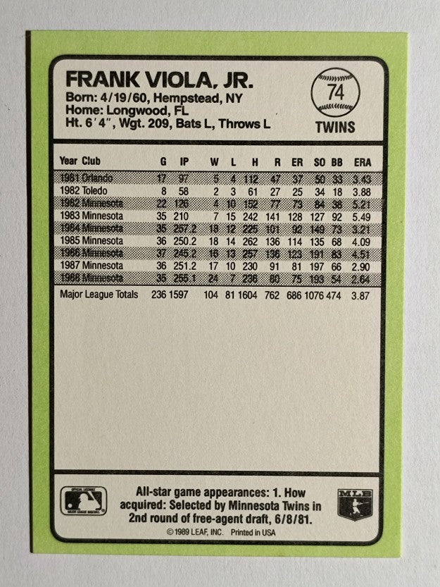 1989 Donruss Baseball's Best #74 Frank Viola