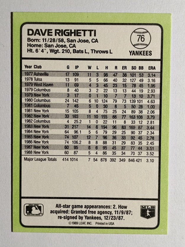 1989 Donruss Baseball's Best #76 Dave Righetti