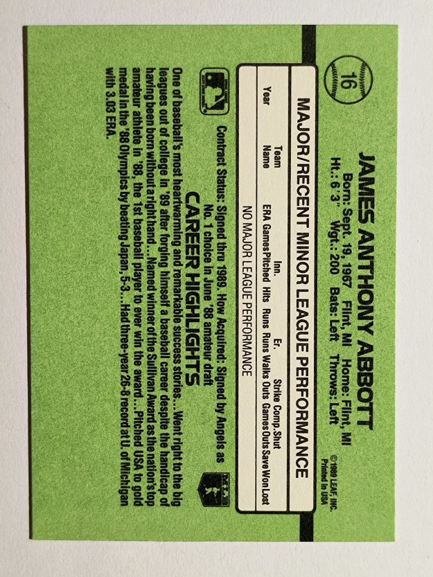 1989 Donruss Rookies #16 Jim Abbott RC