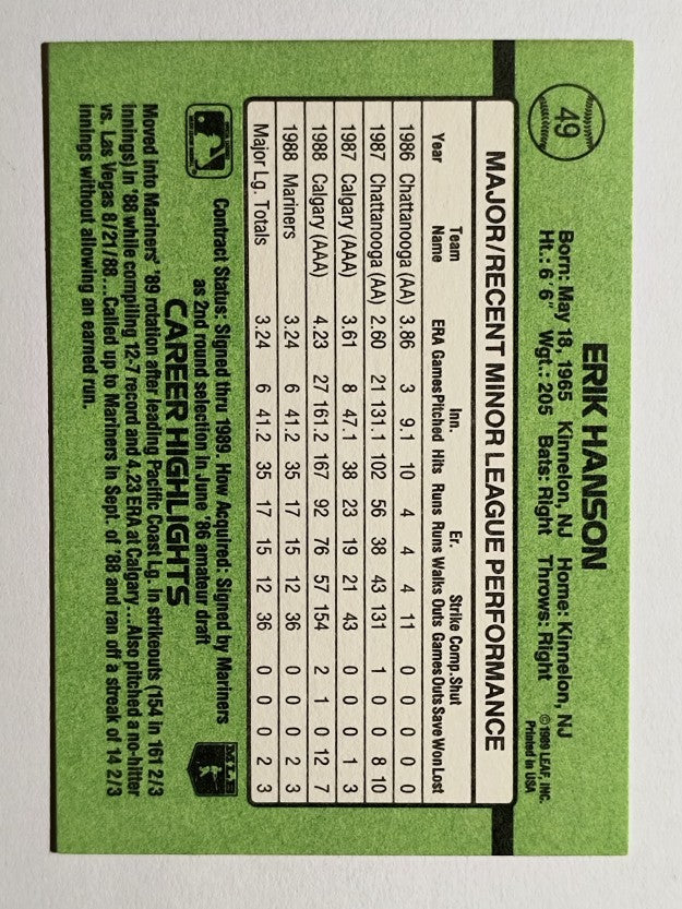 1989 Donruss Rookies #49 Erik Hanson