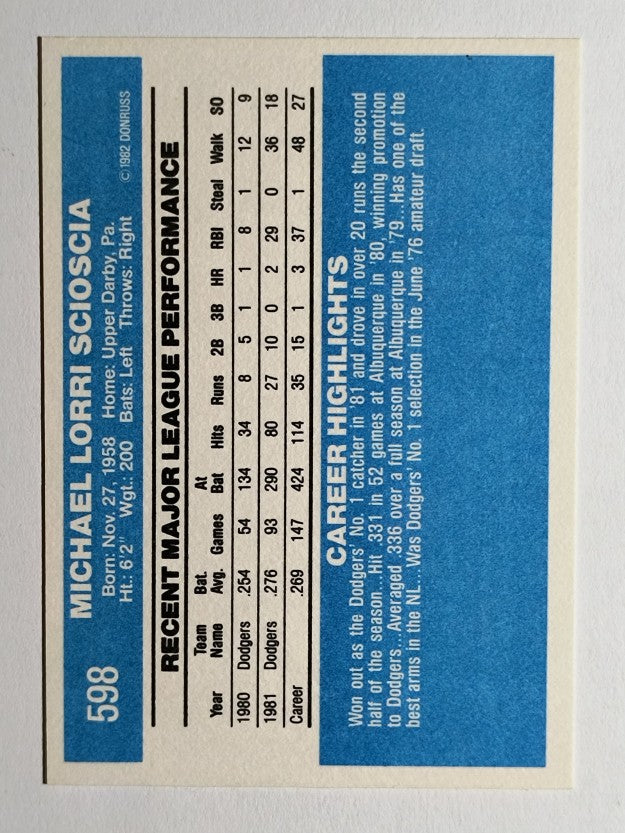 1982 Donruss #598 Mike Scioscia