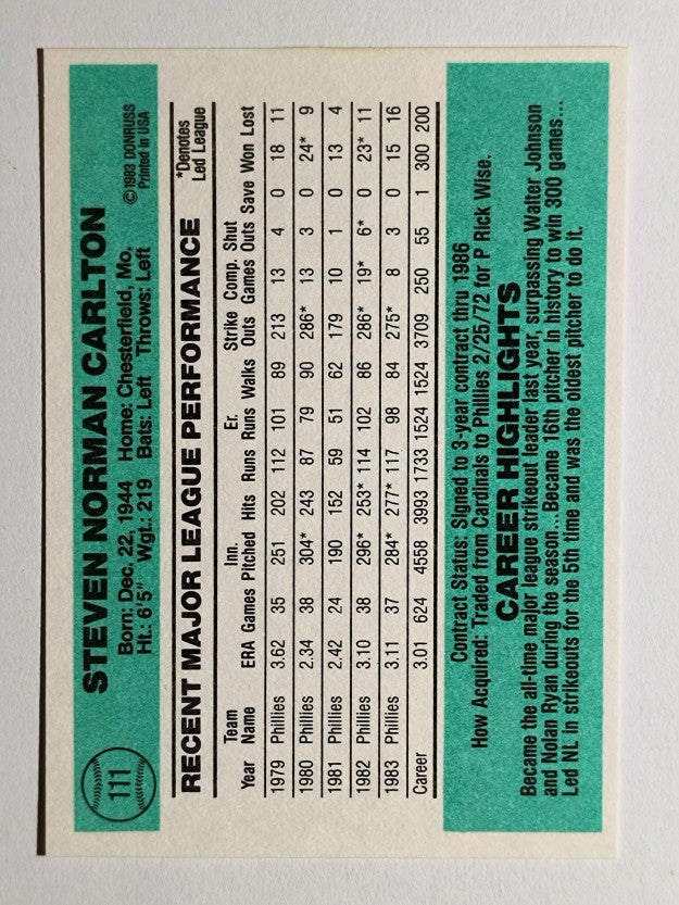 1984 Donruss #111 Steve Carlton