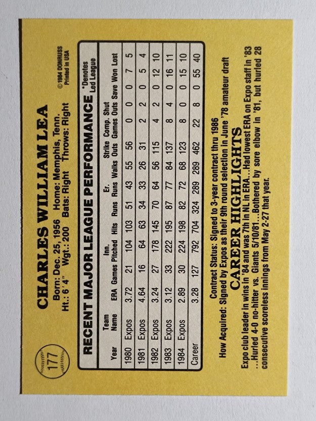 1985 Donruss #177 Charlie Lea