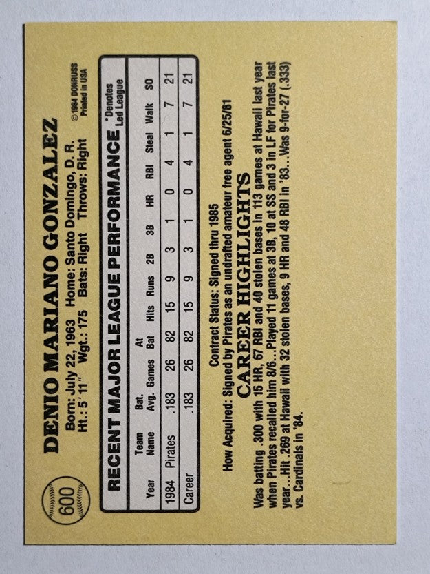 1985 Donruss #600 Denny Gonzalez