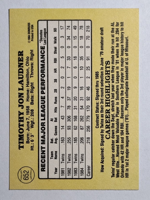 1985 Donruss #652 Tim Laudner