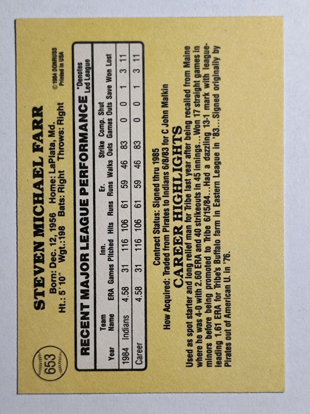 1985 Donruss #653 Steve Farr RC