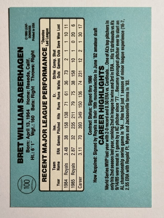 1986 Donruss #100 Bret Saberhagen