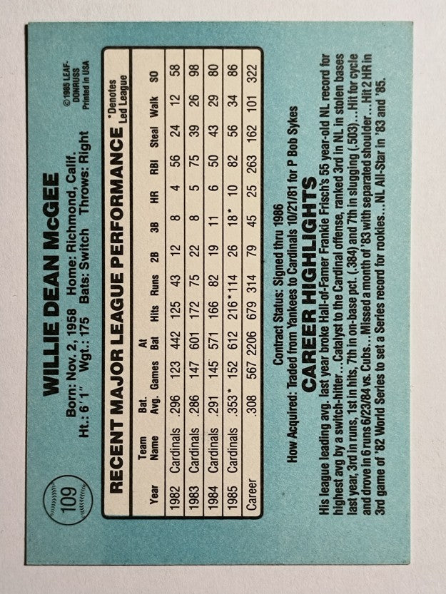 1986 Donruss #109 Willie McGee