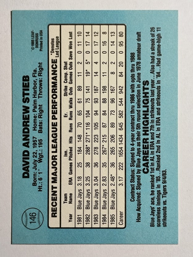 1986 Donruss #146 Dave Stieb