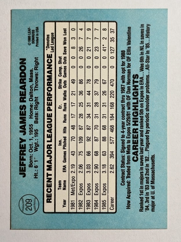 1986 Donruss #209 Jeff Reardon