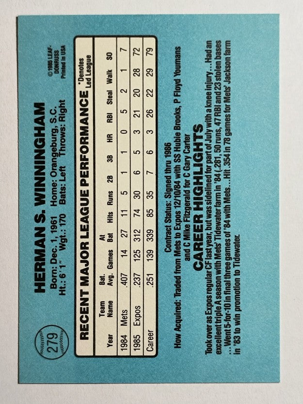 1986 Donruss #279 Herm Winningham