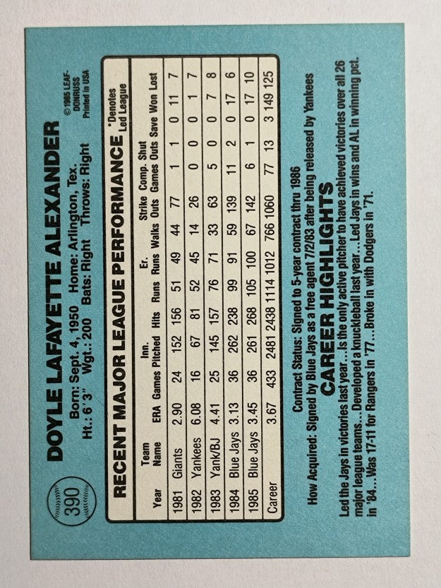 1986 Donruss #390 Doyle Alexander