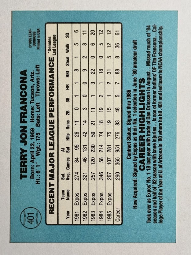 1986 Donruss #401 Terry Francona