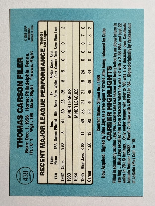 1986 Donruss #439 Tom Filer
