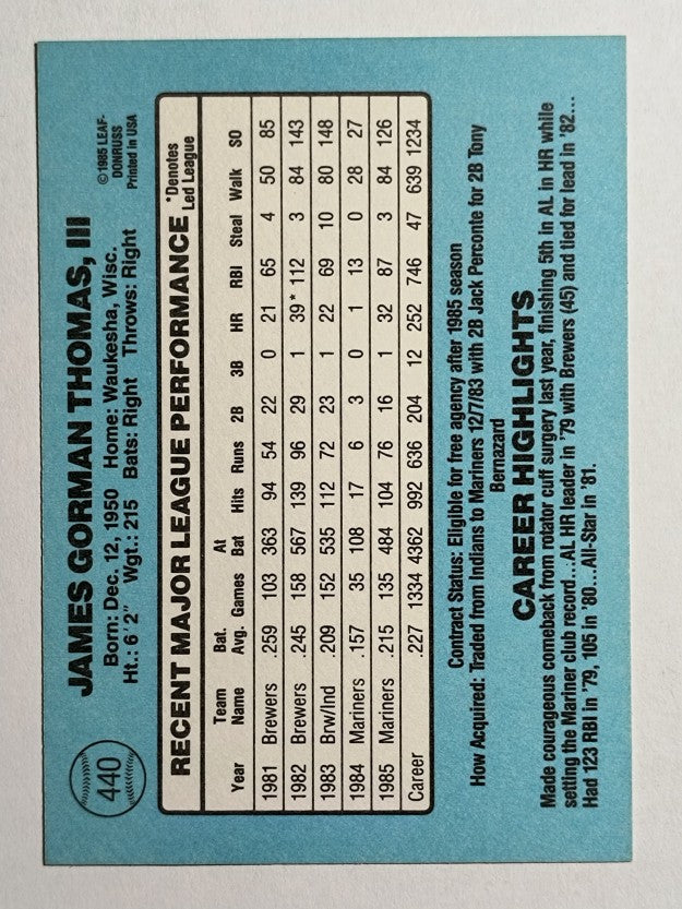 1986 Donruss #440 Gorman Thomas