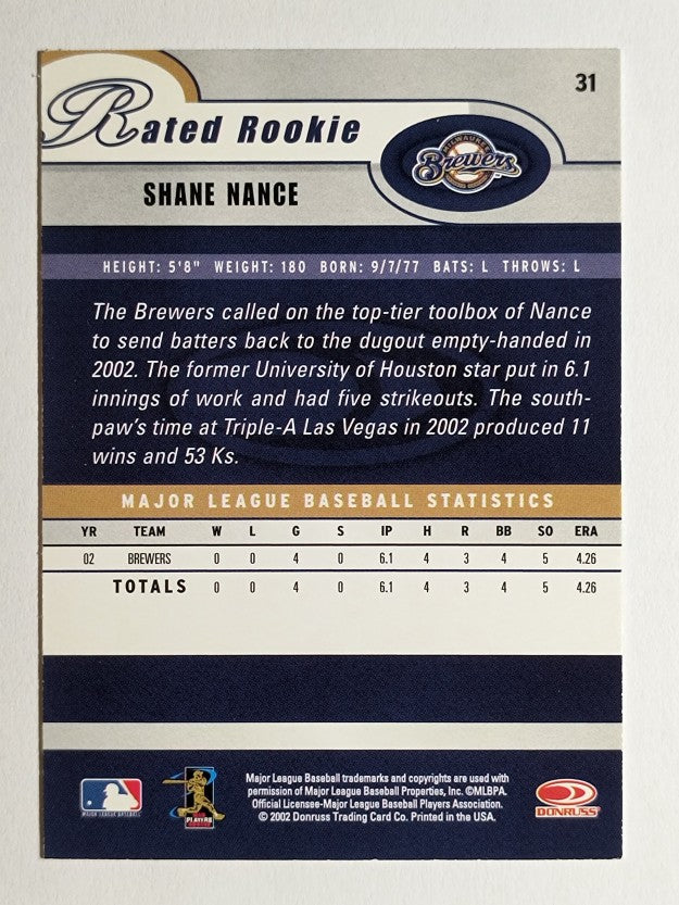 2003 Donruss #31 Shane Nance RR