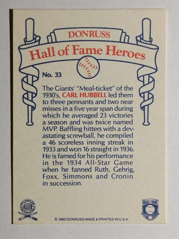 1983 Donruss HOF Heroes #33 Carl Hubbell