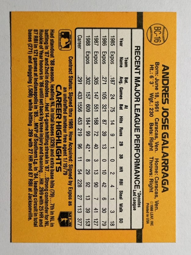 1989 Donruss Bonus MVP's #BC16 Andres Galarraga