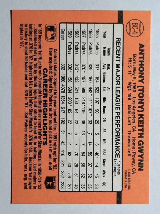 1990 Donruss Bonus MVP's #BC4 Tony Gwynn