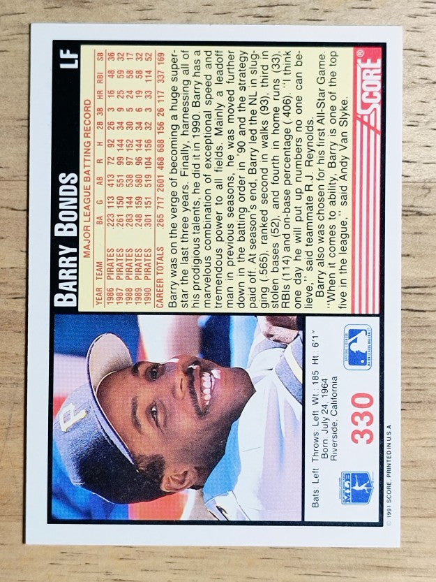 1991 Score #330 Barry Bonds