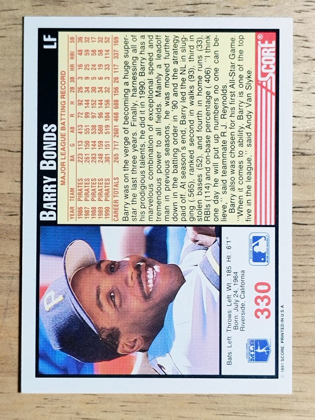 1991 Score #330 Barry Bonds