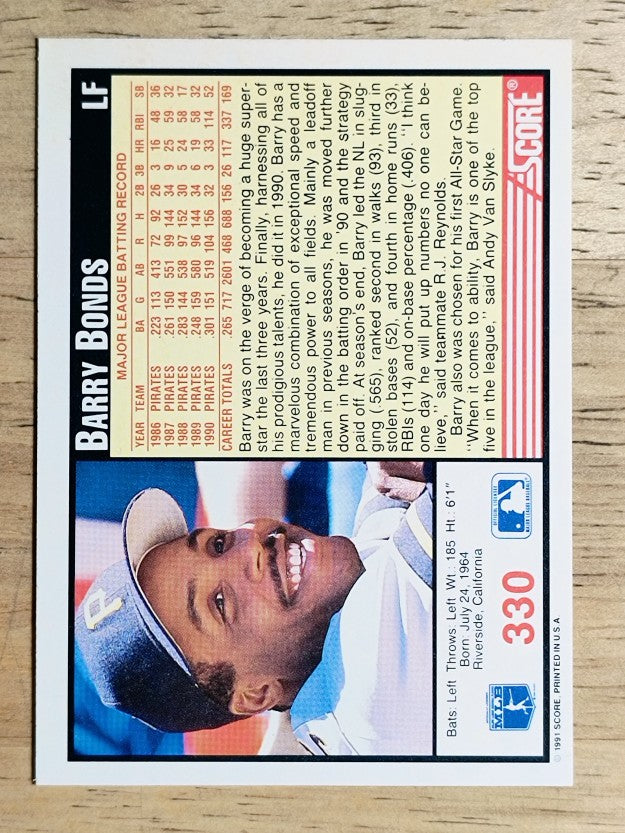 1991 Score #330 Barry Bonds
