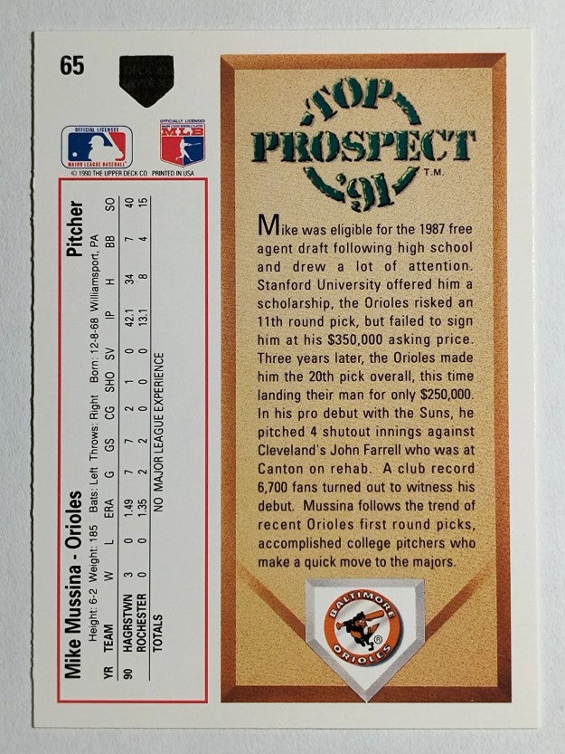 1991 Upper Deck #65 Mike Mussina RC