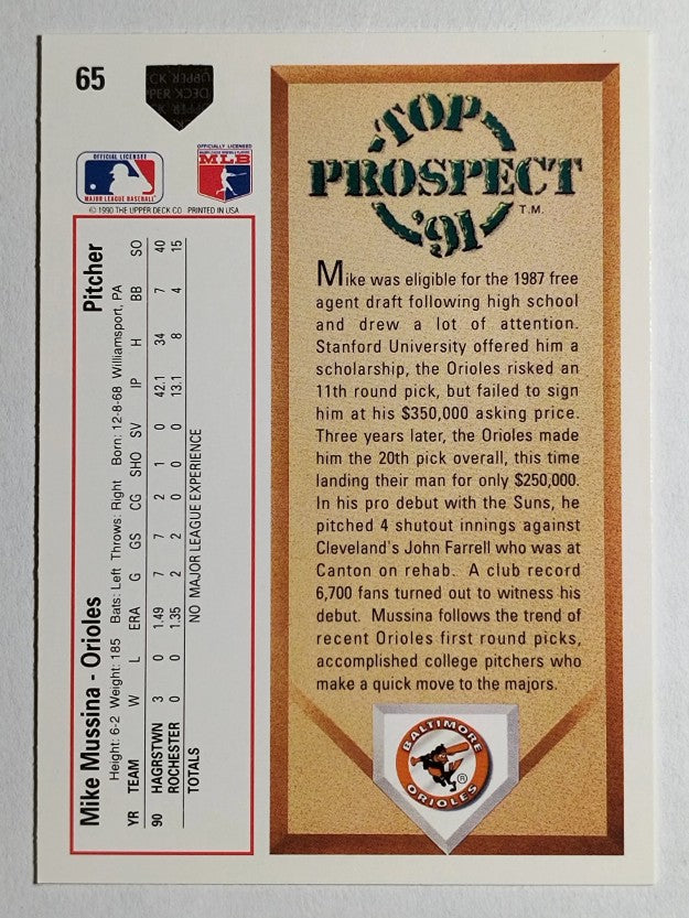 1991 Upper Deck #65 Mike Mussina RC (NM)
